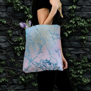 Tote Bag Marbre Iridescente   Tendance Faux Holo bleu rose