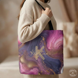 Tote Bag Marbre Liquide Agate Violet Rose Doré Élégant