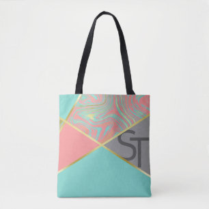 Tote Bag Marbre moderne Mint Corail Pastel Or Monogramme