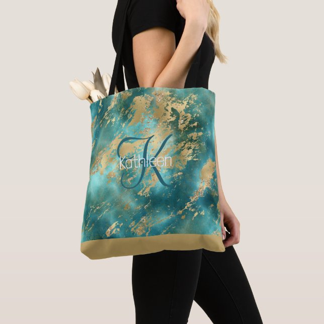 Tote Bag Marbre Monogramme Nom Initial Turquoise Vert Or (De près)
