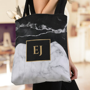 Tote Bag Marbre noir moderne Texture or Monogramme