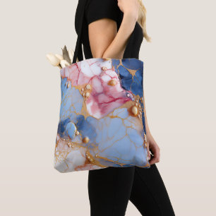 Tote Bag Marbre Rose et Saphir avec Perles Dorées