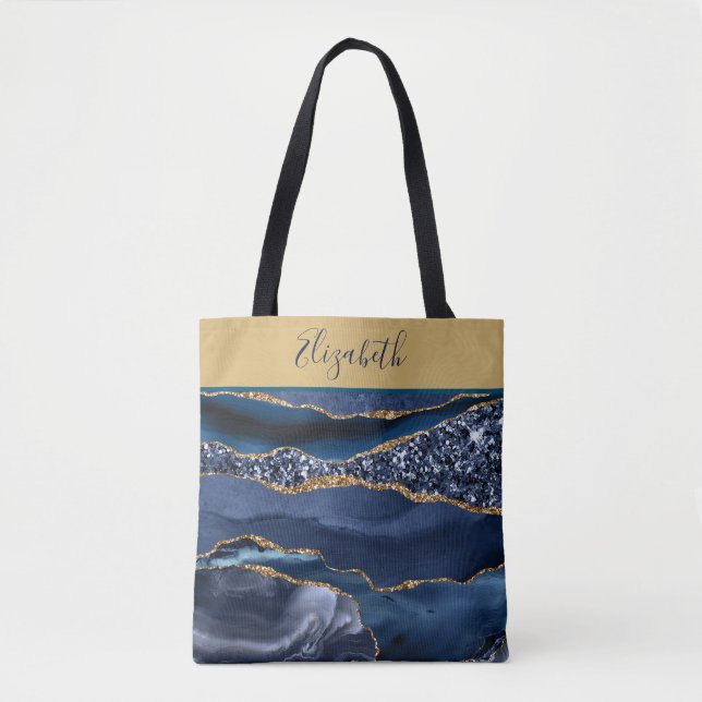 Tote Bag Marbre tendance Agate Bleu Or Pailleté Monogramme  (Devant)