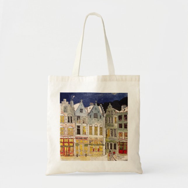Tote Bag Marché de Noël Belgique Aquarelle d'inspiration ré (Devant)