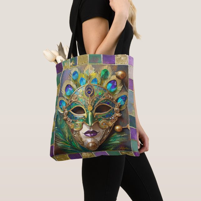 Tote Bag Mardi Gras Gold Ceramic Peacock Feature Masque (De près)