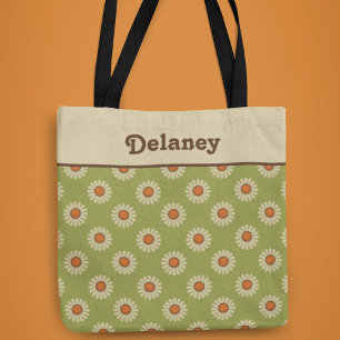 Tote Bag Marguerites de crème et d'orange sur Motif vert Av
