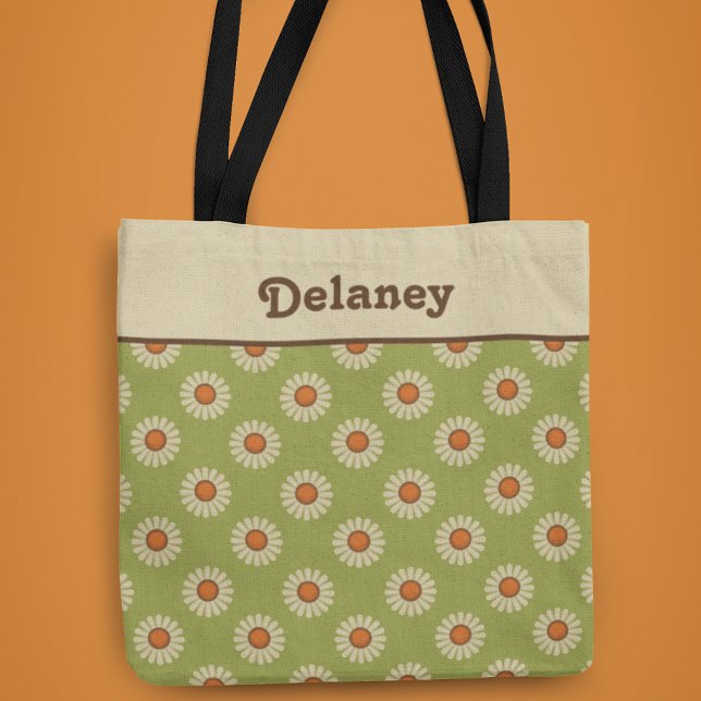 Tote Bag Marguerites de crème et d'orange sur Motif vert Av (Créateur téléchargé)