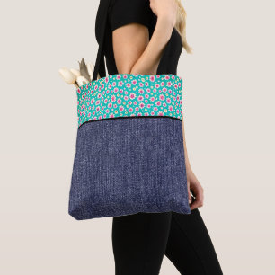 Tote Bag Marguerites roses et denim