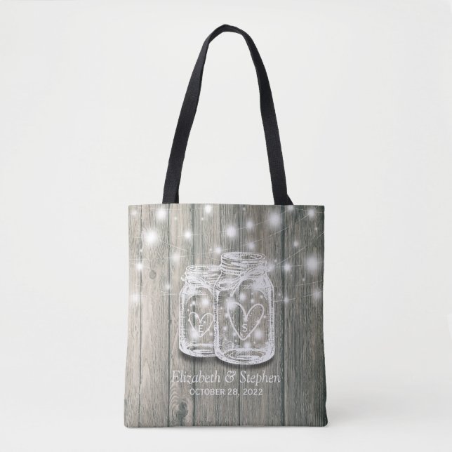 Tote Bag Mariage Accueil Bois rustique Mason Jar String Lum (Devant)
