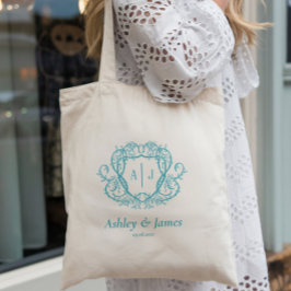 Tote Bag Mariage Armoirie Monogramme Turquoise Rose Décousu