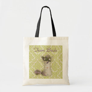Tote Bag mariage campagnard de lavande fleurie damassé vert
