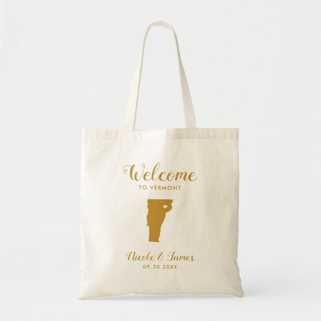 Tote Bag Mariage de bienvenue de la carte Vermont, Or (Devant)