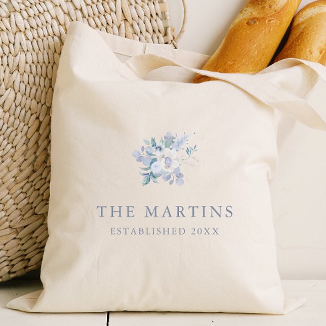Tote Bag Mariage de nom personnalisé Chic Blue Floral (Créateur téléchargé)