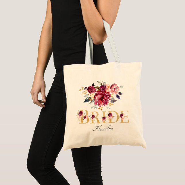 Tote Bag Mariage Floral Burgundy Blush Gold Bride (Devant (produit))