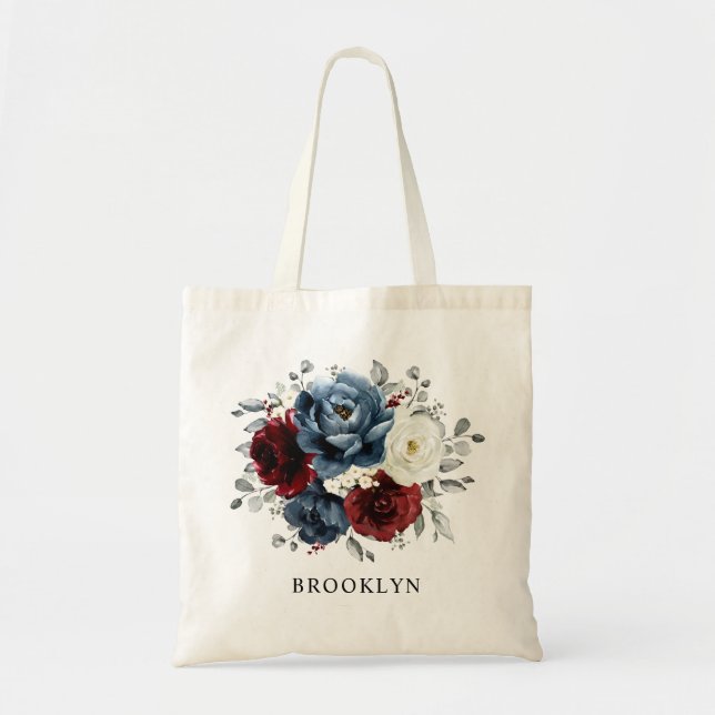 Tote Bag Mariage floral d'ivoire blanc bleu ardoise (Devant)