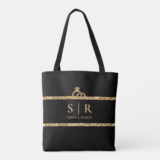 Tote Bag Mariage initiale de monogramme de paillettes noir  (Dos)