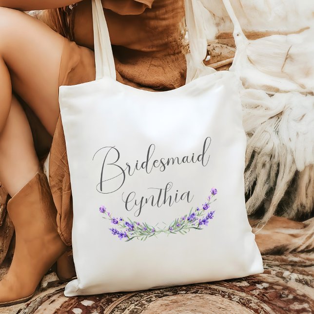Tote Bag Mariage Lavender Laurel Bridesmaid (Bridesmaid Wedding Tote with Lavender Laurels and Script Font
)