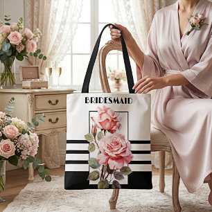 Tote Bag Mariage rétro chic noir et blanc roses roses