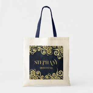 Tote Bag Mariage Sophistiqué Blue Gold Swirls