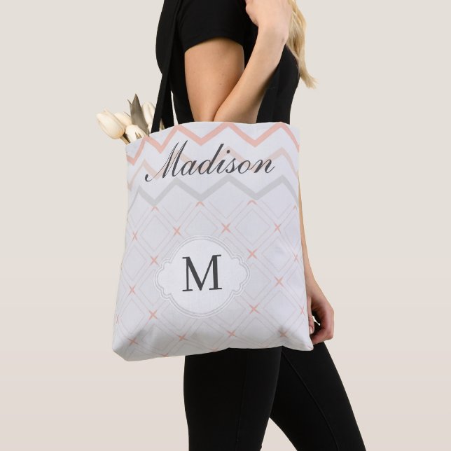 Tote Bag Mariée géométrique pêche Tendance Monogramme (De près)