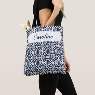 Tote Bag Marine avec Motif de dentelle de Crochet blanc