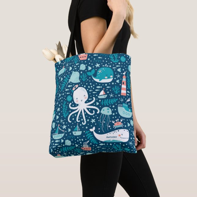 Tote Bag Marine Bleu et blanc Motif de l'océan marin (De près)