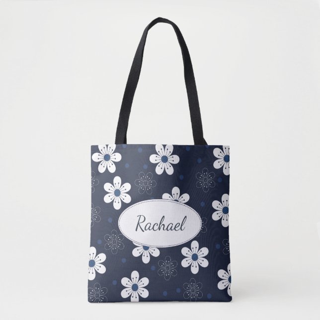 Tote Bag Marine Bleu Joli Floral Personnalisé (Devant)