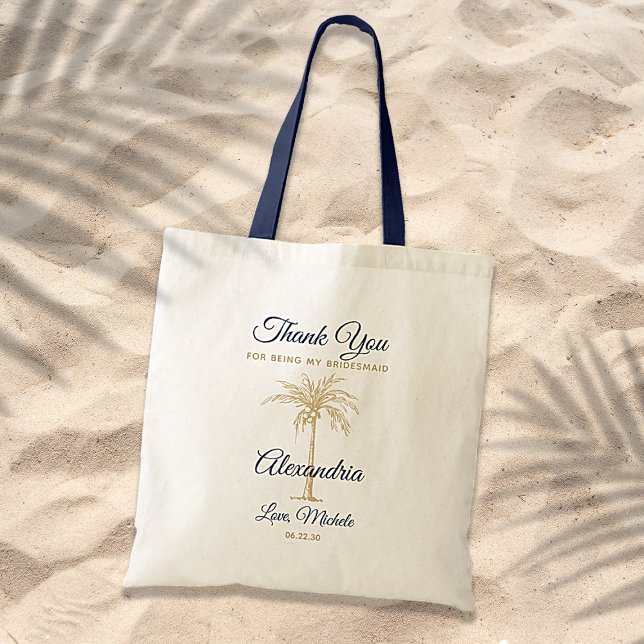 Tote Bag Marine Blue Gold Palm Tree Bridesmaid Merci (Créateur téléchargé)