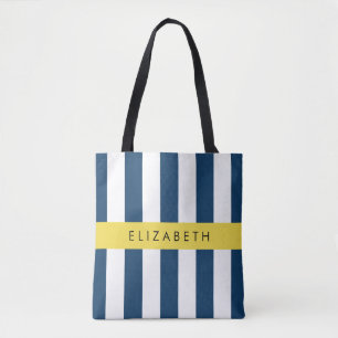 Tote Bag Marine Blue Stripes, Motif rayé, Votre nom