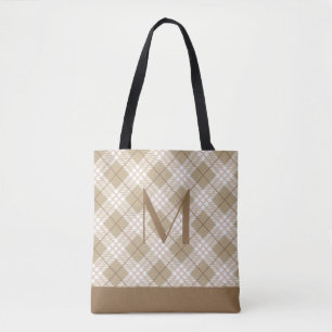 Tote Bag Marron Brun Beige Tartan Plaid Buffalo Monogrammé