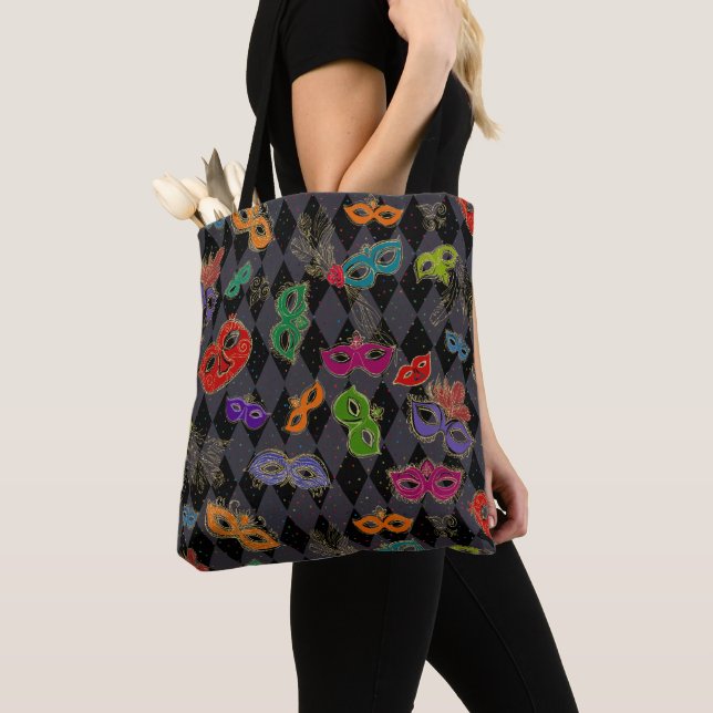 Tote Bag Mascarade Mardi Gras Mascarade Masque Arlequin Noi (De près)