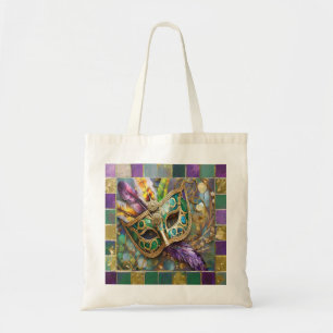 Tote Bag Masque de plumes colorées vert et or de Mardi Gras