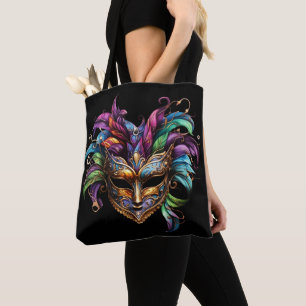 TOTE BAG MASQUE MARDI GRAS LUMINEUX AVEC PLUMES