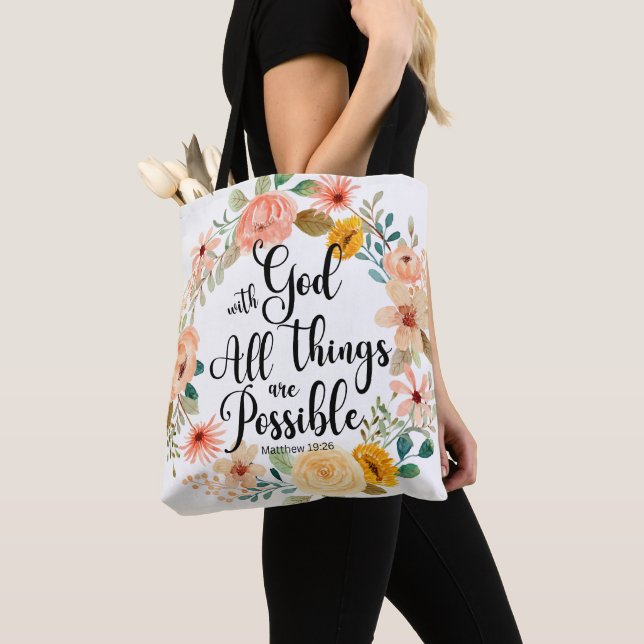 Tote Bag Matthieu 19:26 Possible avec Dieu Écriture Florale (De près)