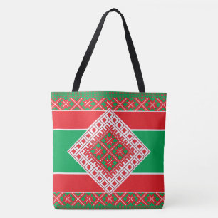 Tote Bag Médaillon d'art populaire letton rouge et vert géo