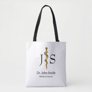 Tote Bag Médical Or sur Bâton Classique d'Asclepius Blanc