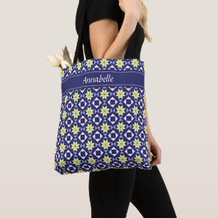 Tote Bag Méditerranée Bleu Bleu Floral Carrelage Nom du Mot