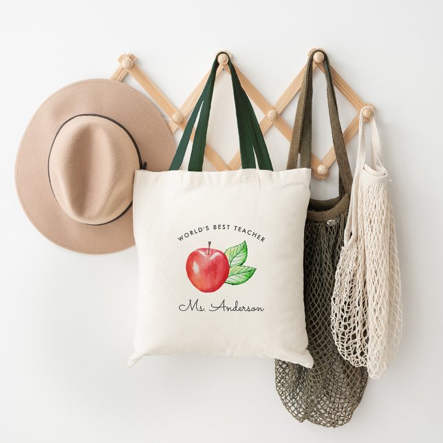 Tote Bag Meilleur enseignant du monde | Pomme personnalisée (Créateur téléchargé)