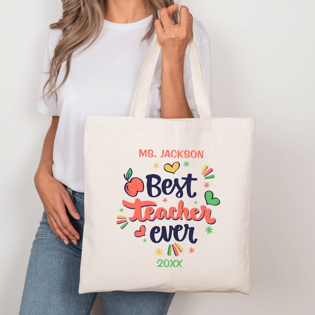 Tote Bag Meilleur enseignant jamais rouge jaune vert (Créateur téléchargé)