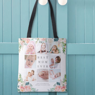 Tote Bag MEILLEUR MOM JAMAIS 8 Collage photo Floral Texte p