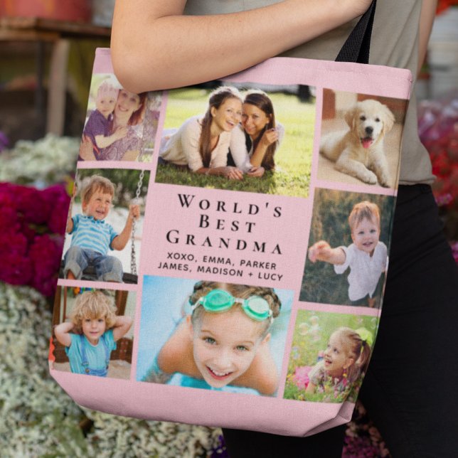 Tote Bag Meilleure grand-mère 8 photo Collage rose (Créateur téléchargé)