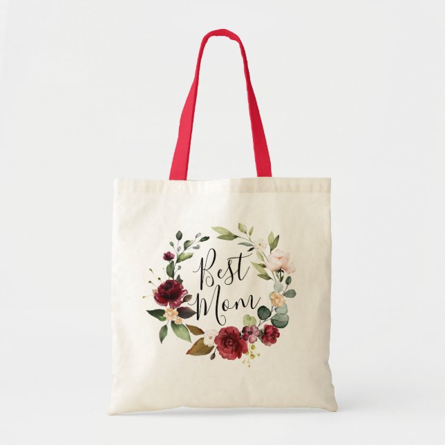Tote Bag Meilleure maman Aquarelle Rose Bourgogne Floral Wr (Devant)