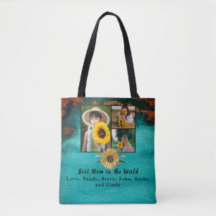 Tote Bag Meilleure Mère 3 Photo Turquoise Collage Marbre