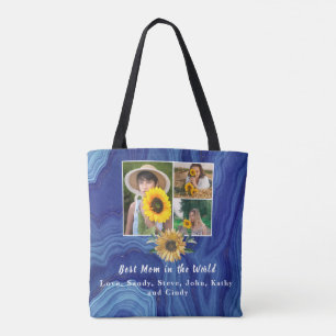 Tote Bag Meilleure mère Ever 3 photo Collage en marbre bleu