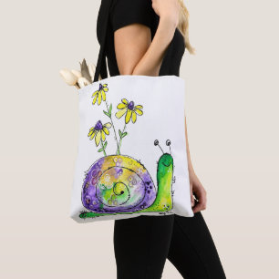 Tote Bag Mélange Whimsical Happy Snail avec Fleurs Jaunes