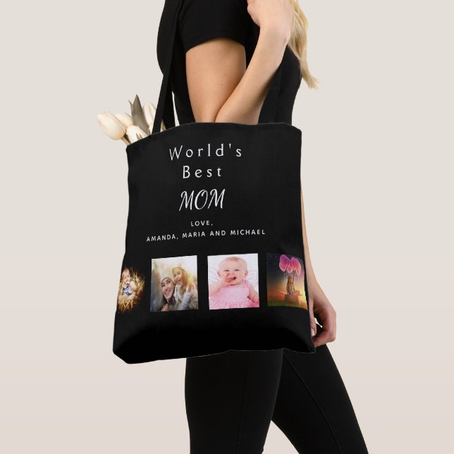 Tote Bag Mère Meilleure maman photo de famille collage noir (De près)