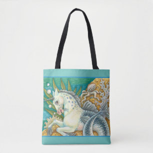 TOTE BAG MERHORSE & OCTOPUS BLANC, CHEVAL UNICORN IMAGINAIR