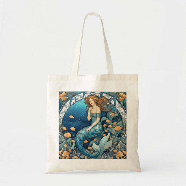 Tote Bag Mermaid Art Nouveau Aqua Bleu Turquoise Art Déco (Devant)
