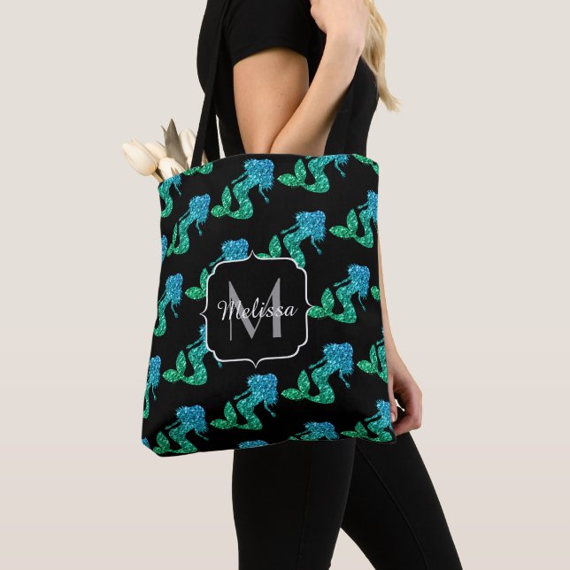 Tote Bag Mermaid bleu vert ombre motif Monogramme (De près)