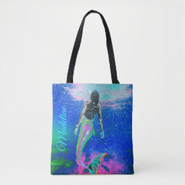Tote Bag Mermaid Blue Ocean Rose Summer Modern Beach